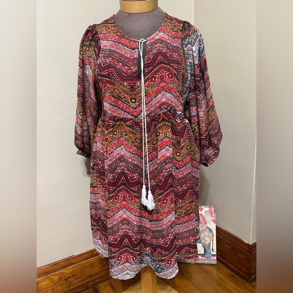 UMGEE Size L DRESS Tassel Tie Front Red Aztec Mix Print Babydoll  BOHO - Picture 3 of 11